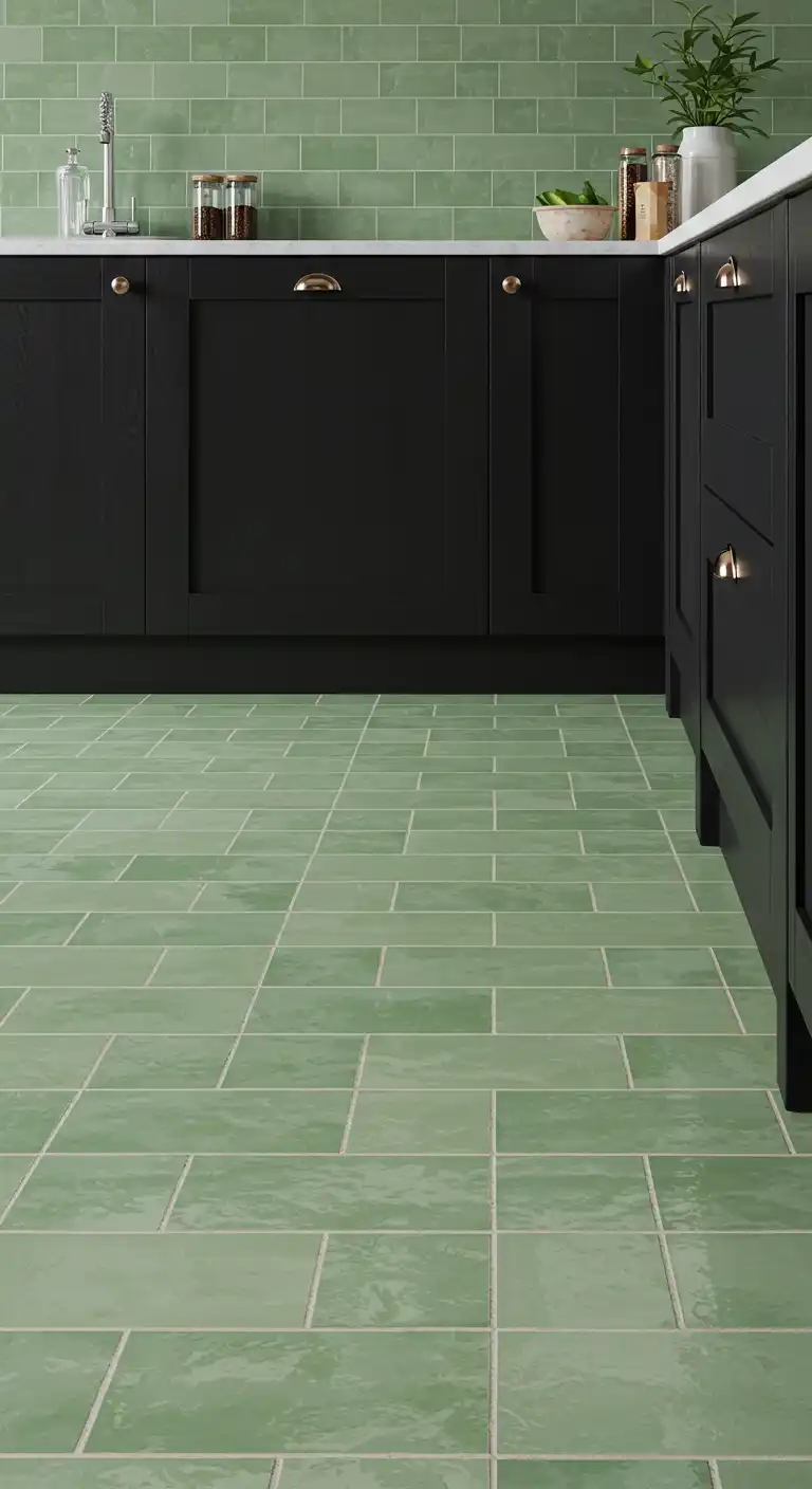 17 Stylish Kitchen Flooring Ideas with Dark Cabinets for a Dramatic Effect 9 8) Soft Green Ceramic Tiles