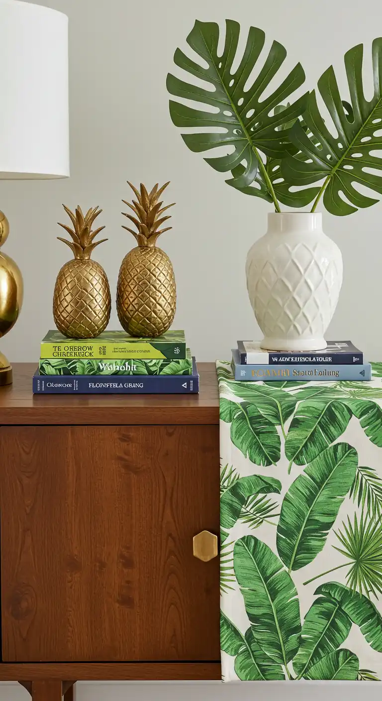20 Stylish Sideboard and Buffet Decor Ideas for a Chic Touch 9 8) Tropical Leaf Motif