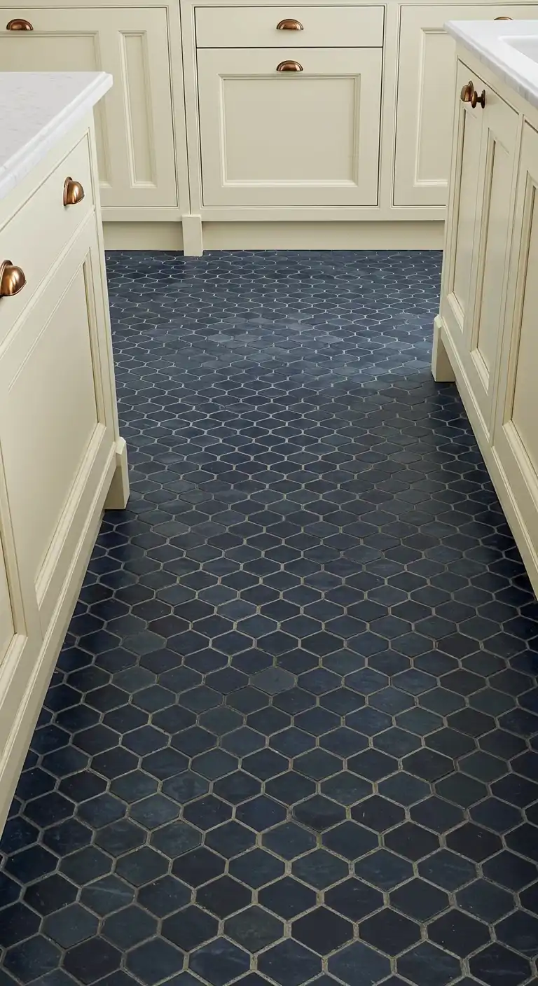 17 Modern Kitchen Flooring Ideas with Dark Tiles for a Bold Look 10 9) Deep Indigo Mosaic Tiles