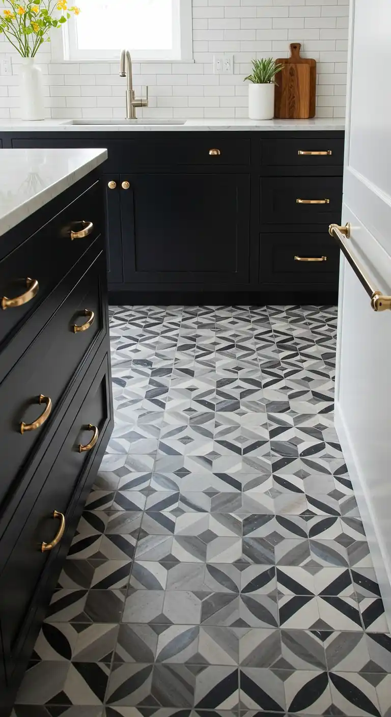 17 Stylish Kitchen Flooring Ideas with Dark Cabinets for a Dramatic Effect 10 9) Matte Black and White Geometric Tiles
