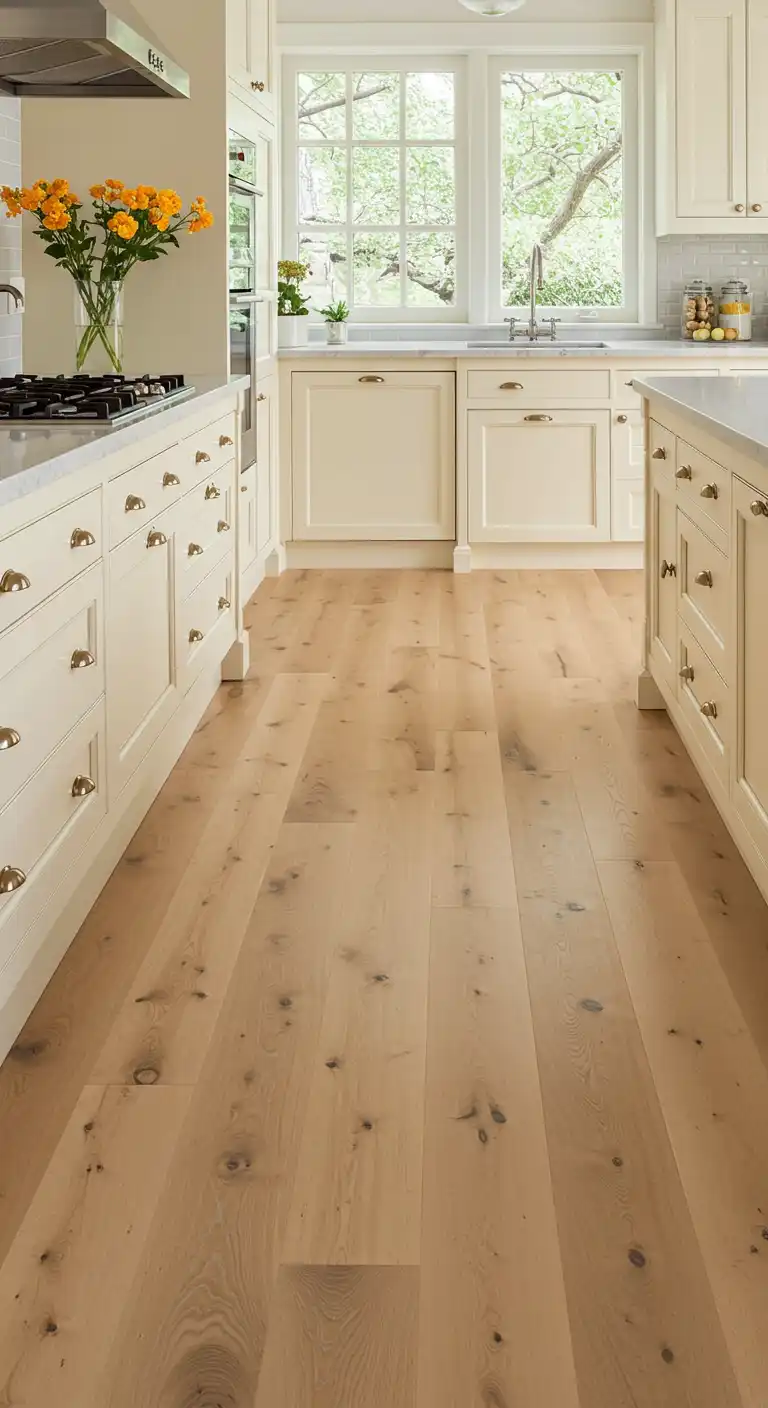 20 Soft and Elegant Kitchen Flooring Ideas with Cream Cabinets 10 9) Pale Maple Hardwood