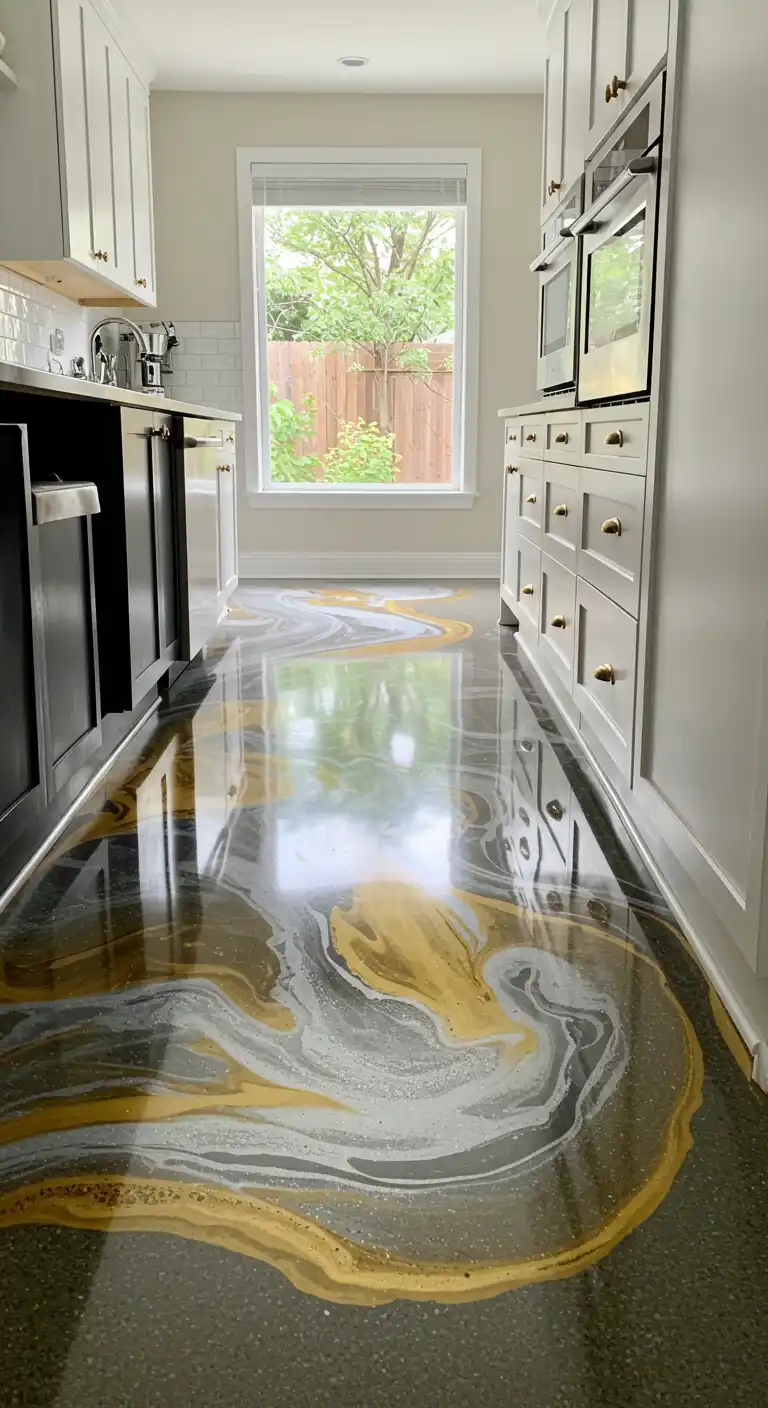 15 Industrial-Chic Kitchen Concrete Flooring Ideas for a Modern Touch 10 9) Polished Concrete with Metallic Epoxy
