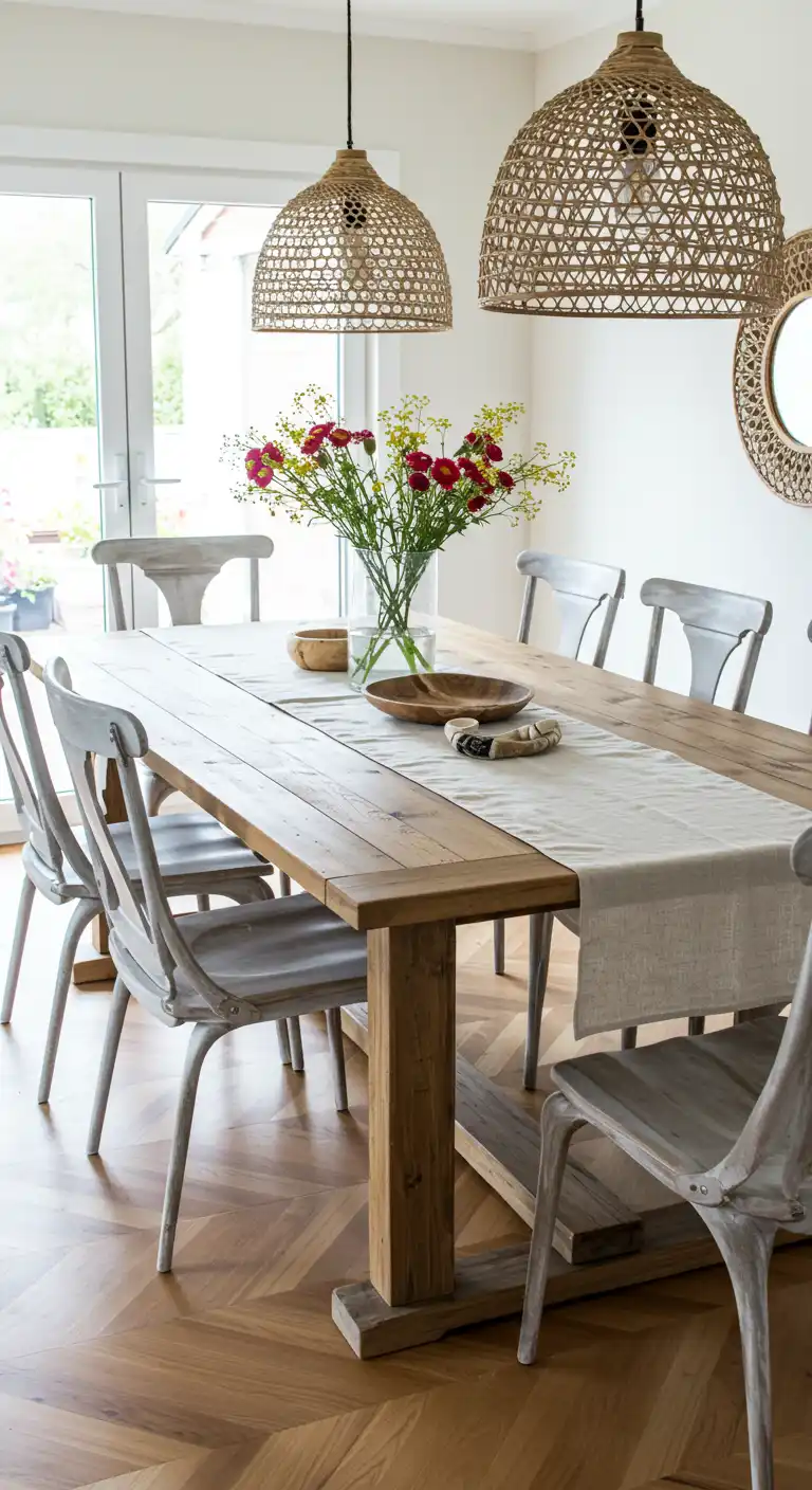 15 Boho Style Dining Room Ideas for a Free-Spirited Vibe 10 9) Wooden Statement Table