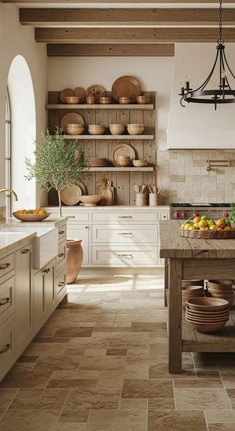 A Mediterranean-inspired kitchen with creamy travertine tiles arranged in a classic pattern