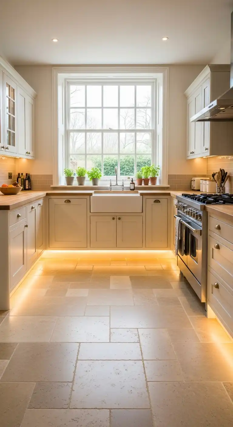 A bright kitchen with soft beige limestone tiles
