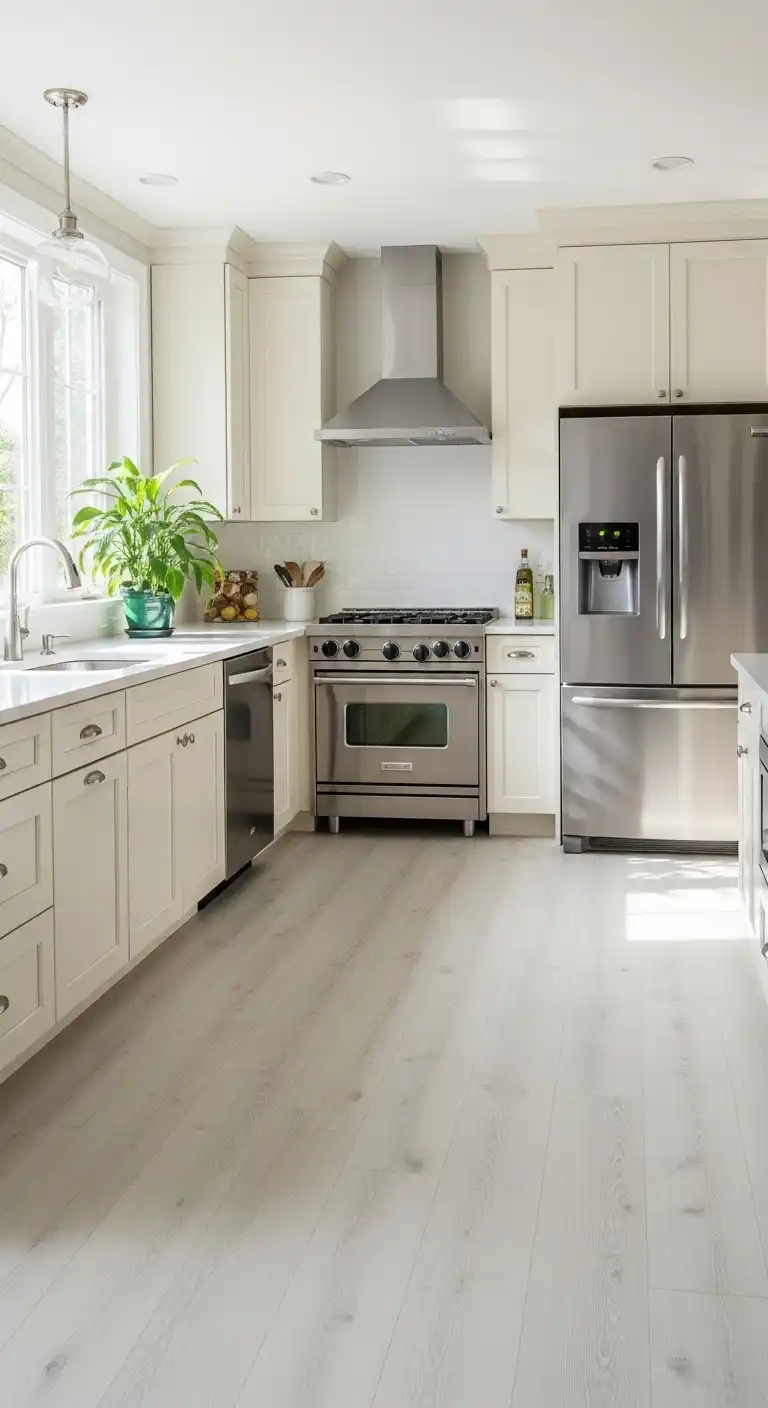 A bright, modern kitchen featuring matte white vinyl plank flooring