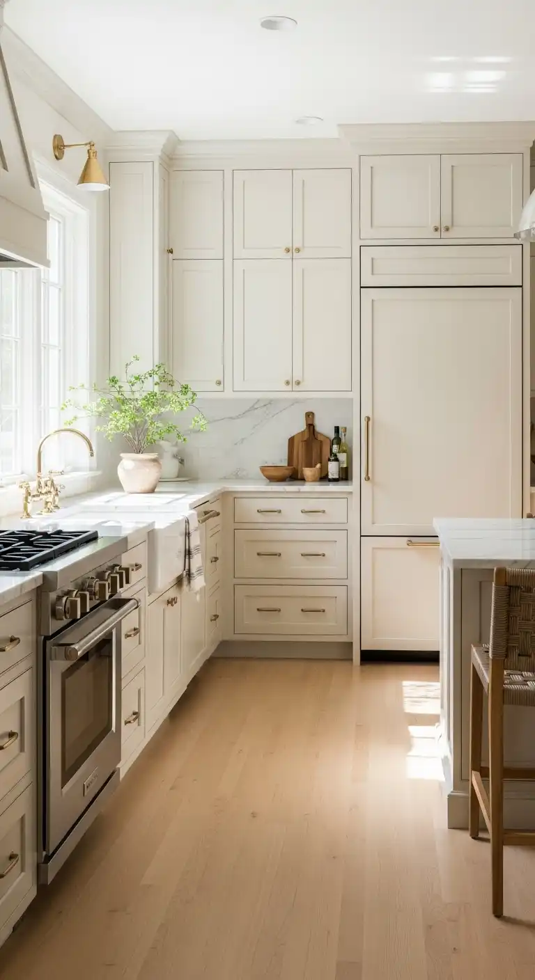 A bright, modern kitchen featuring smooth light birch hardwood floors