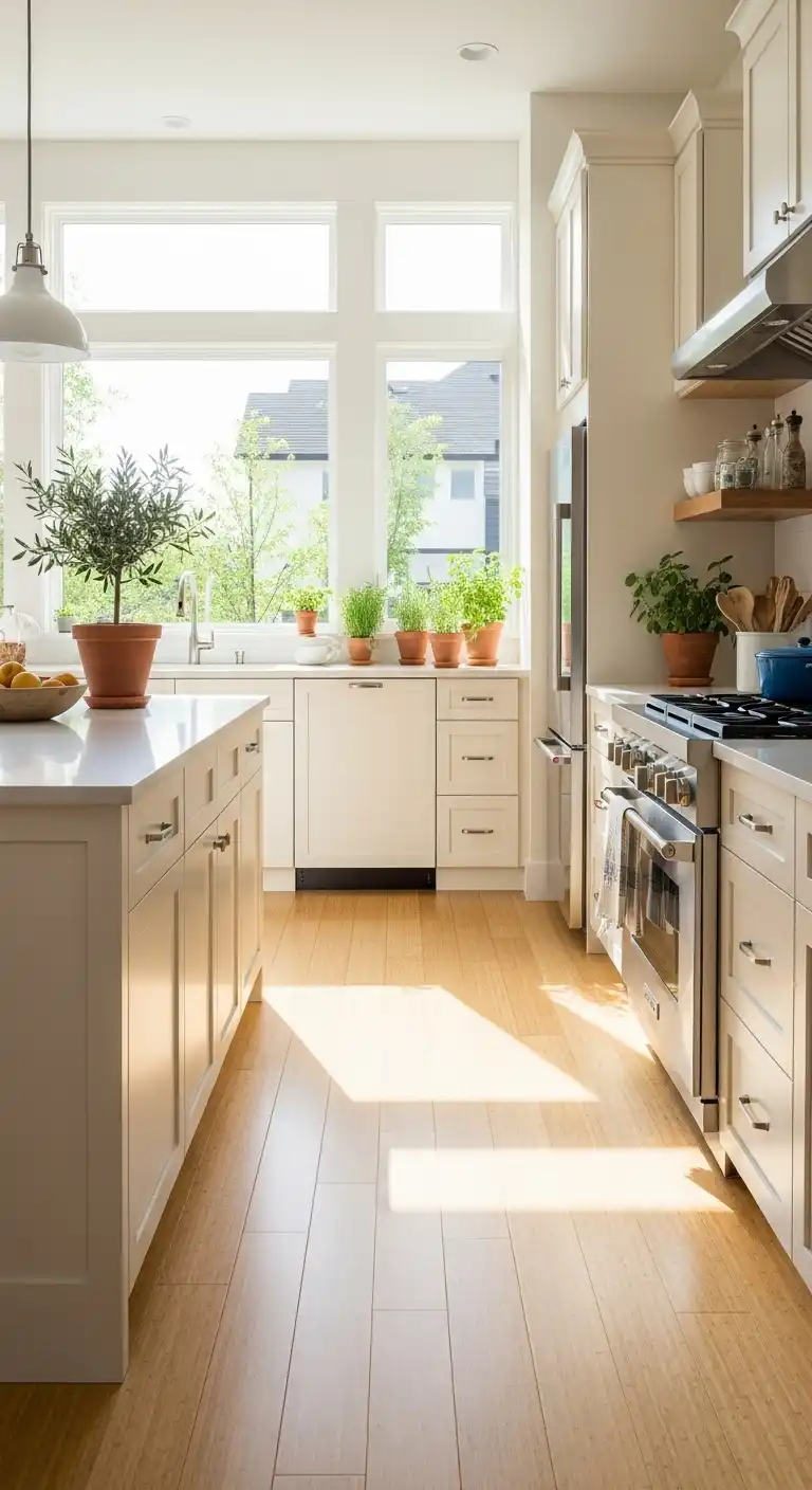 A bright, modern kitchen with cream cabinets