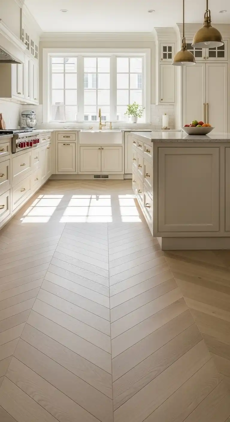 A bright, modern kitchen with white oak chevron wood flooring