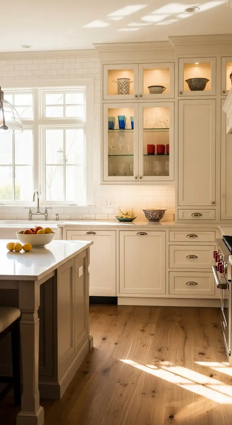A bright summer kitchen with cream cabinets