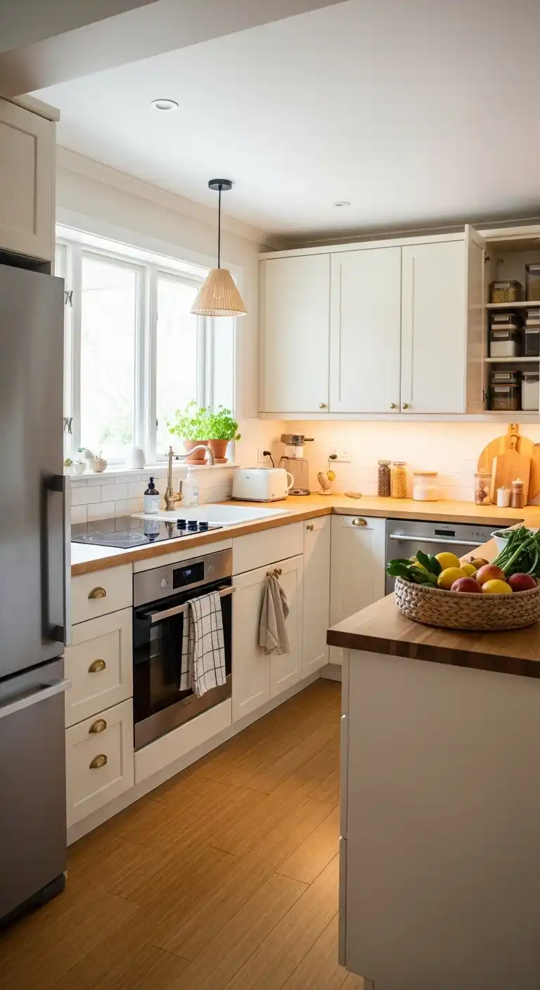 A cozy, lived-in kitchen featuring blonde bamboo floors