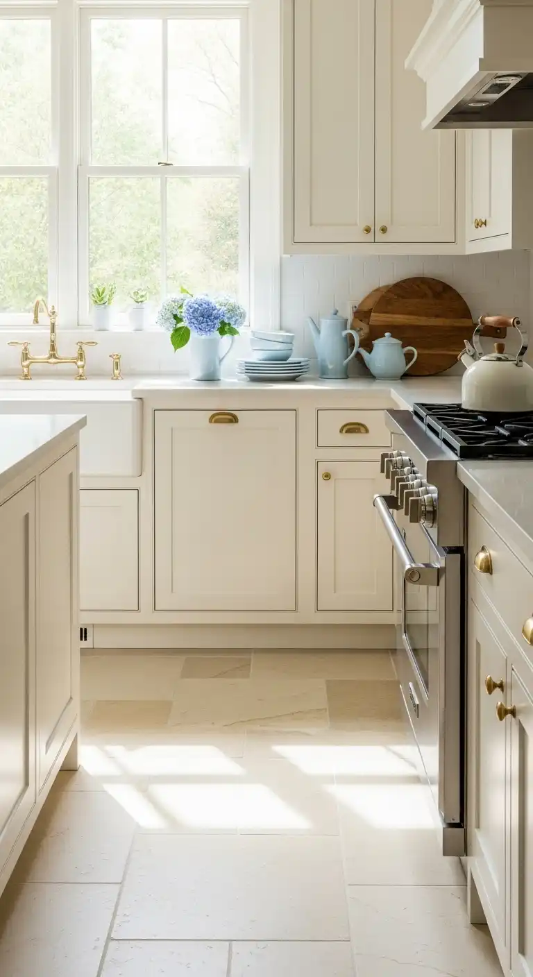 A cozy, sunlit kitchen with creamy slate tile floor