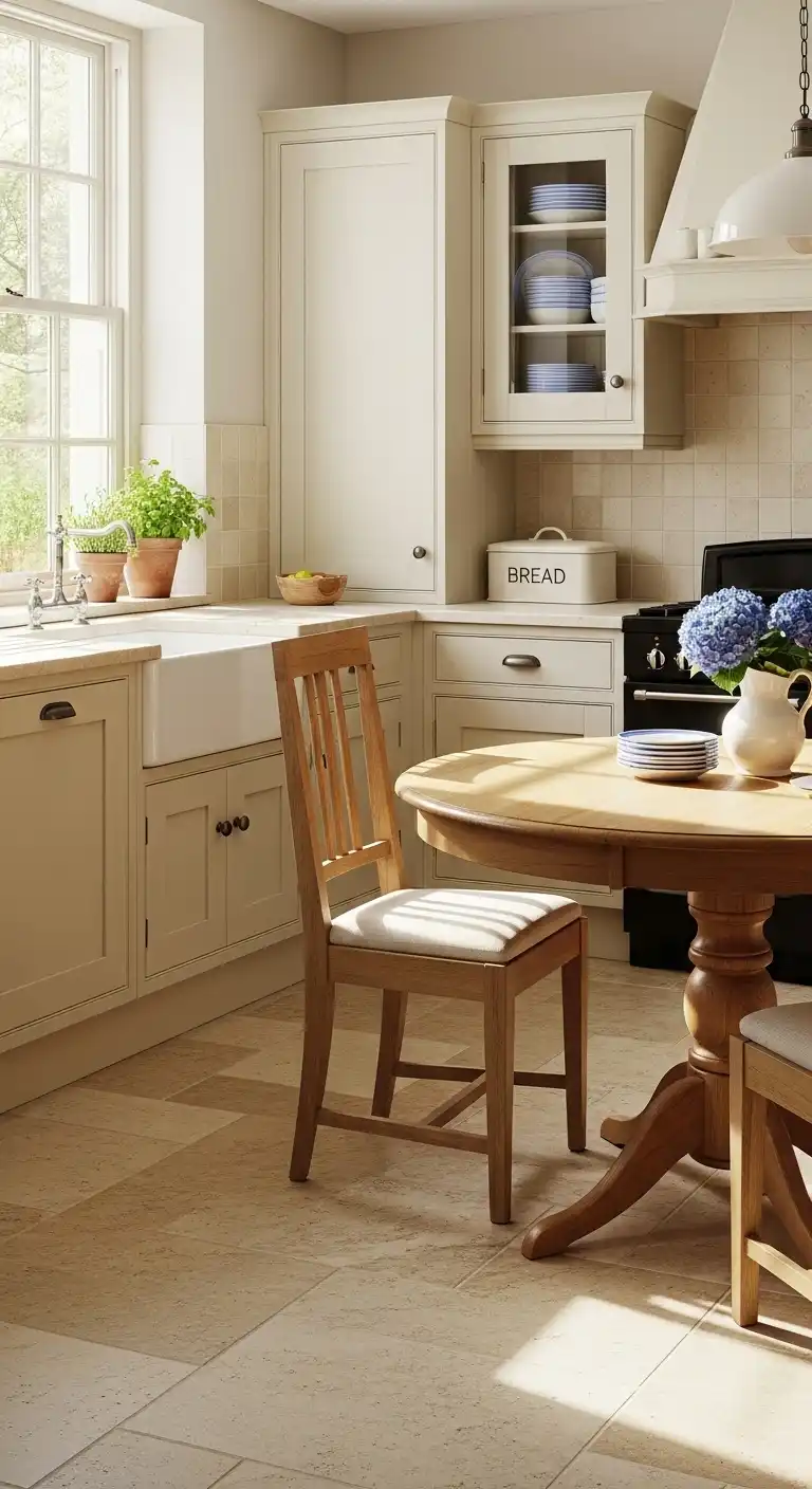 A cozy, sunlit kitchen with creamy slate tile flooring