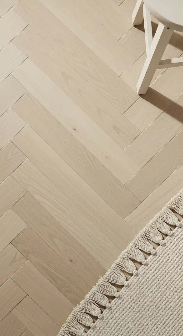 A detailed, top-down view of pale wood herringbone flooring