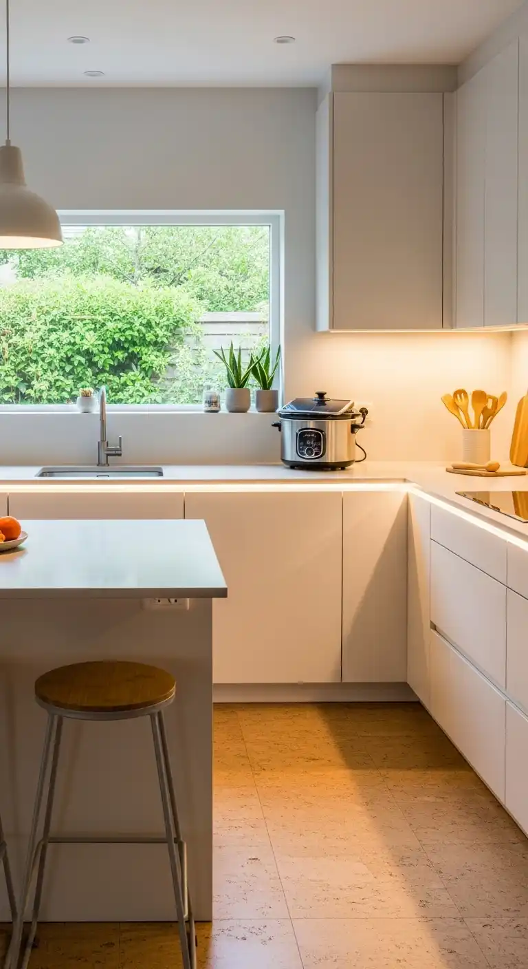 A minimalist, energy-efficient kitchen featuring natural cork floors