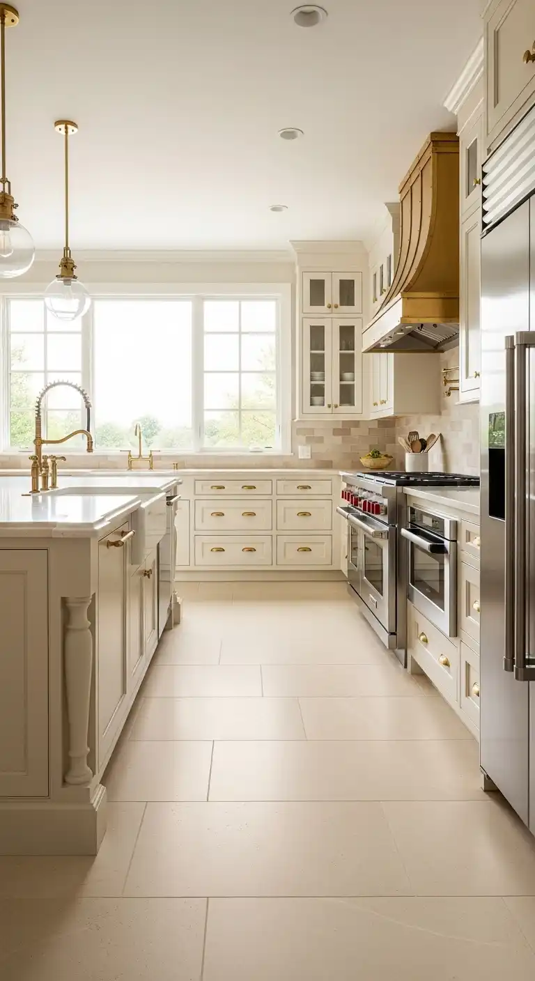 A modern kitchen featuring creamy travertine tile flooring with a matte finish