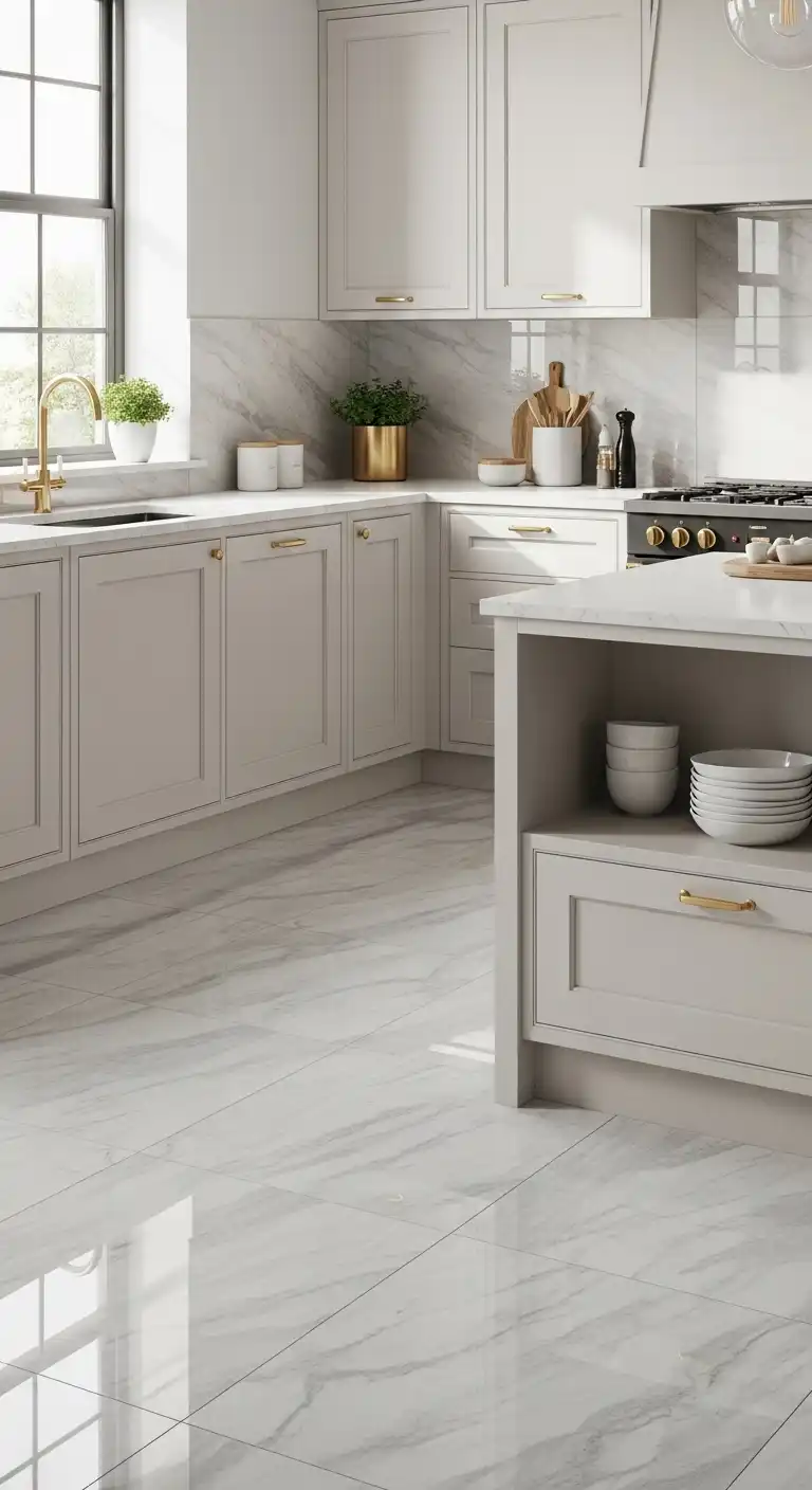A modern kitchen featuring glossy marble-effect porcelain tiles