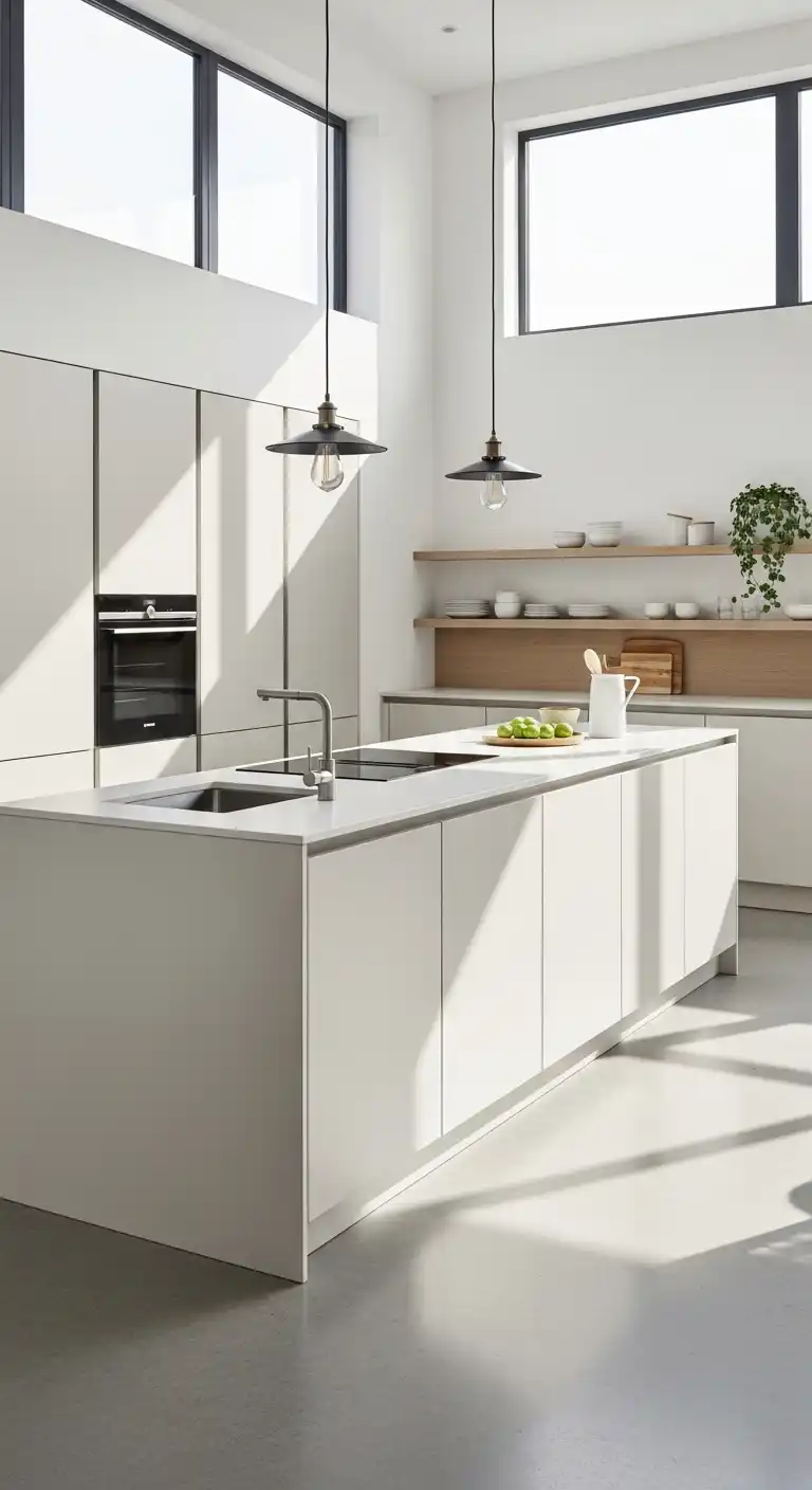 A modern kitchen featuring polished light gray concrete flooring