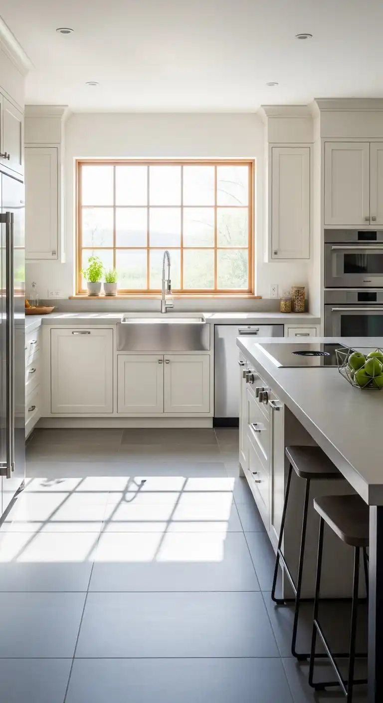 A modern kitchen with cream cabinets and large soft gray ceramic tile flooring