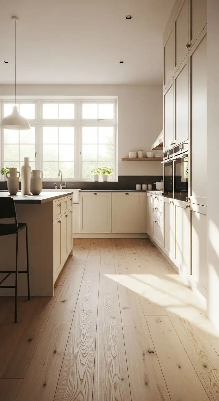 A modern summer kitchen featuring light oak hardwood flooring