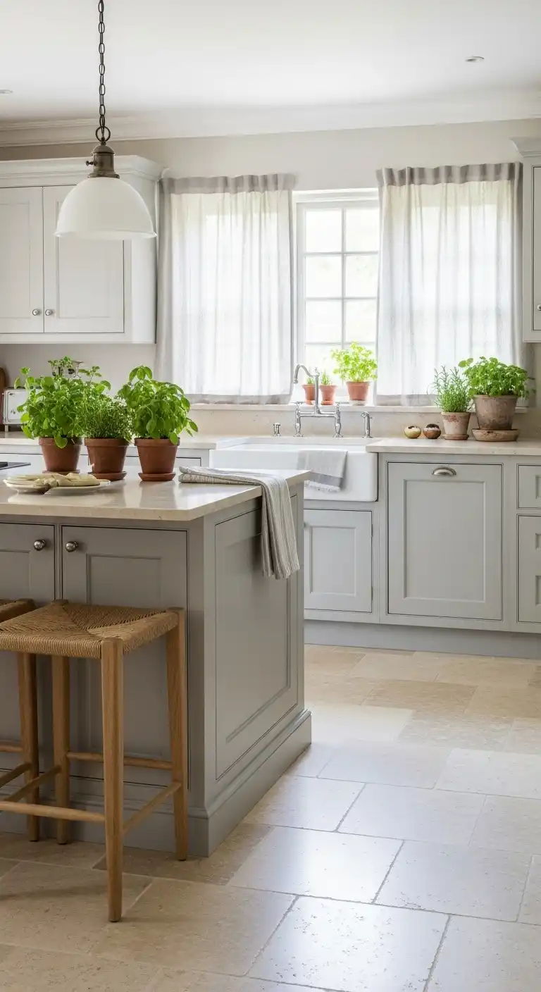A serene kitchen scene with soft beige limestone tile