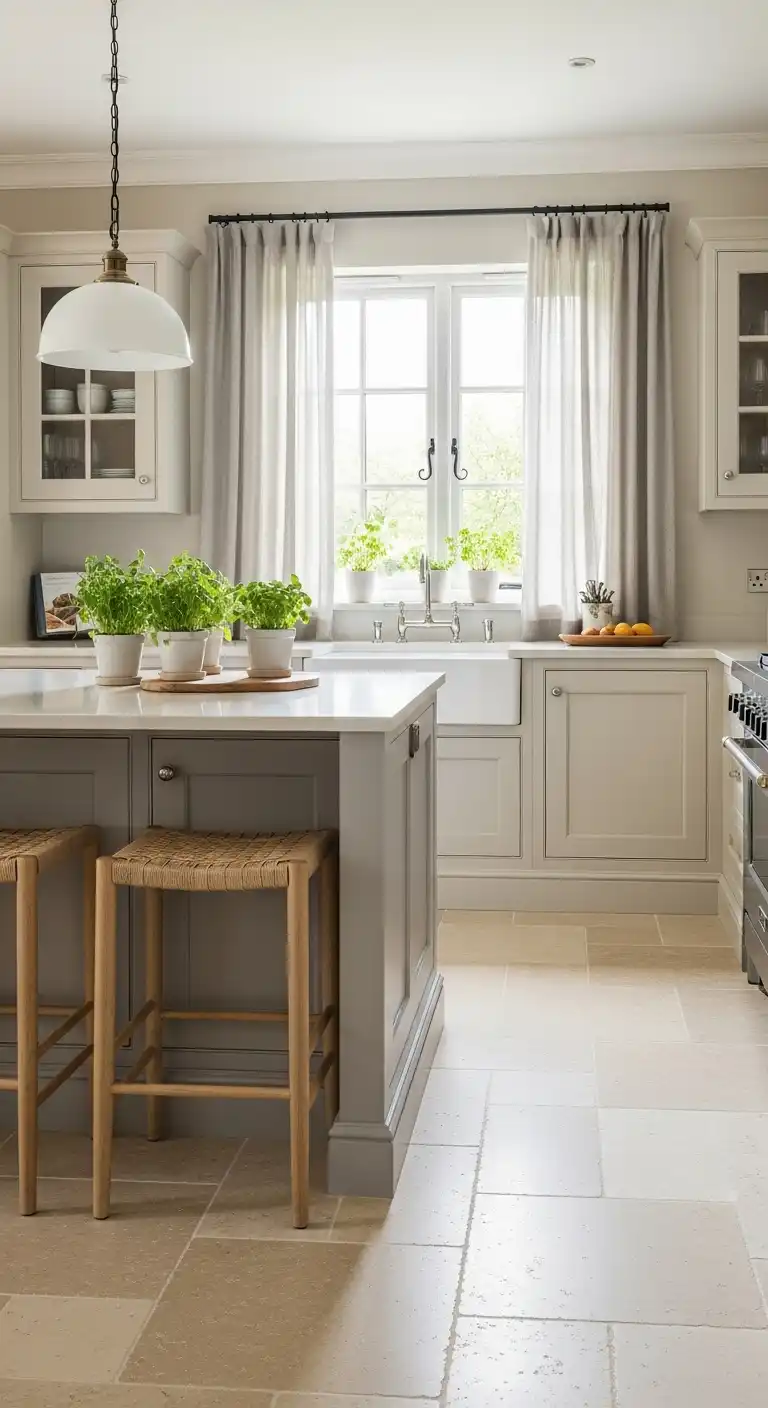A serene kitchen scene with soft beige limestone tiles