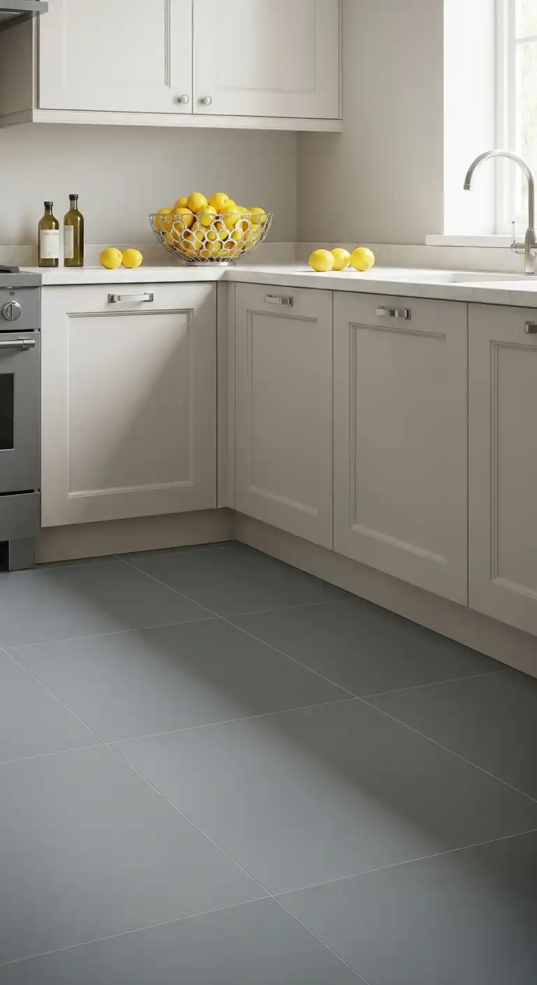 A serene kitchen space with cool-toned gray ceramic flooring