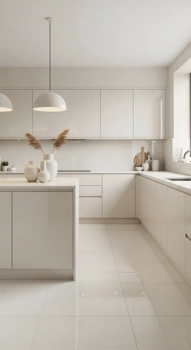 A sleek, monochromatic kitchen featuring seamless glossy cream ceramic tile flooring