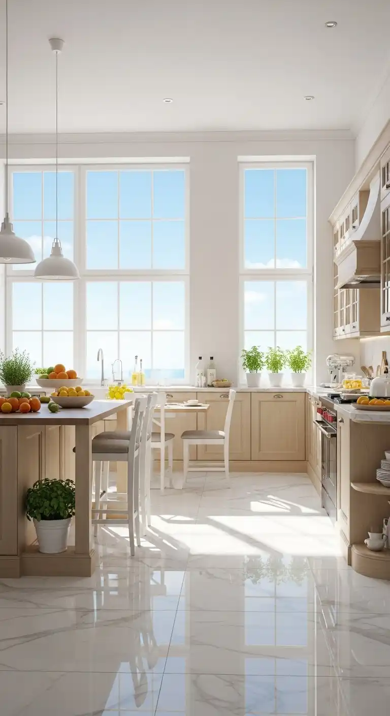 A stylish, airy kitchen with large windows