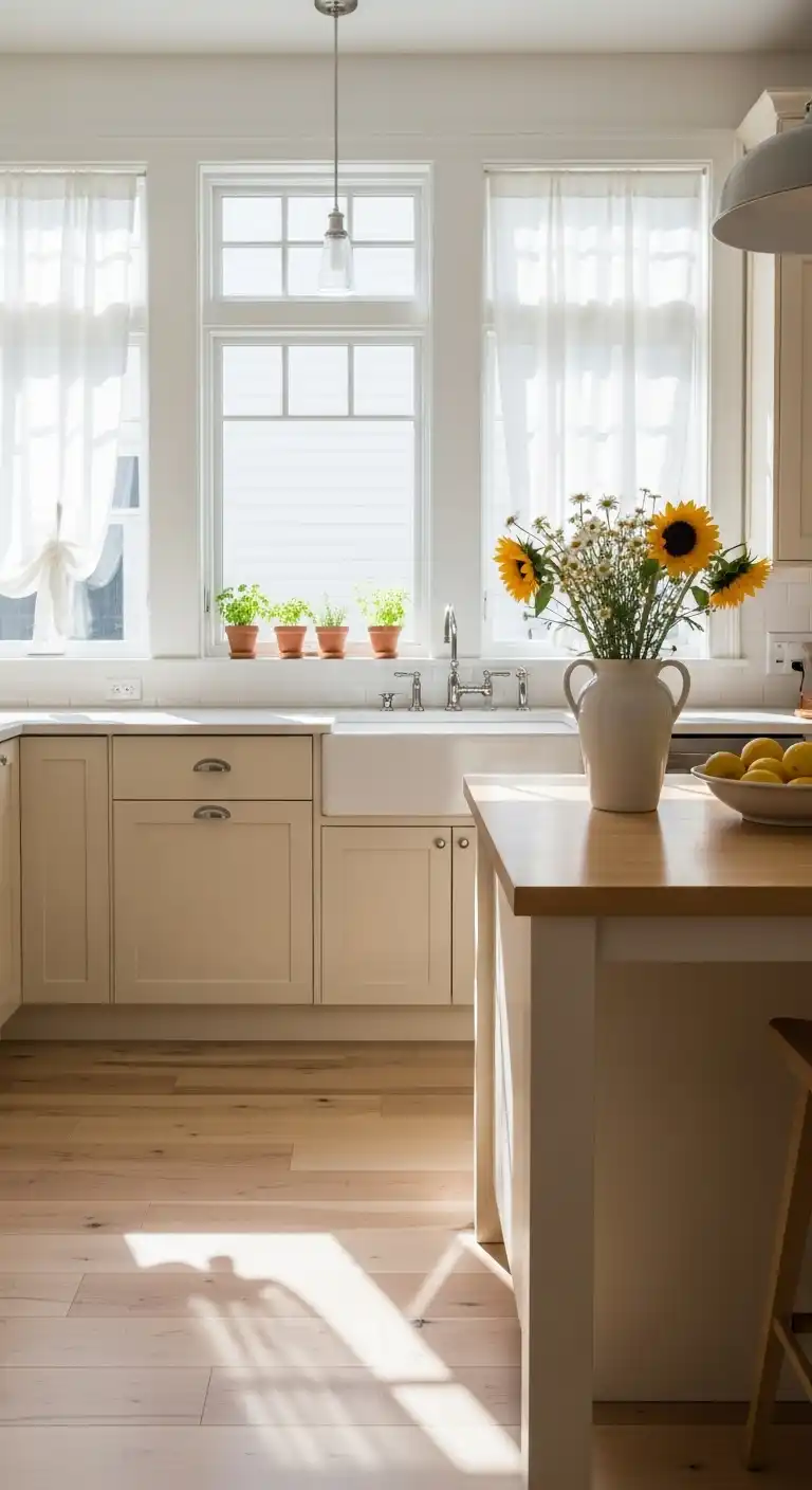 A sunlit kitchen with pale maple hardwood floor