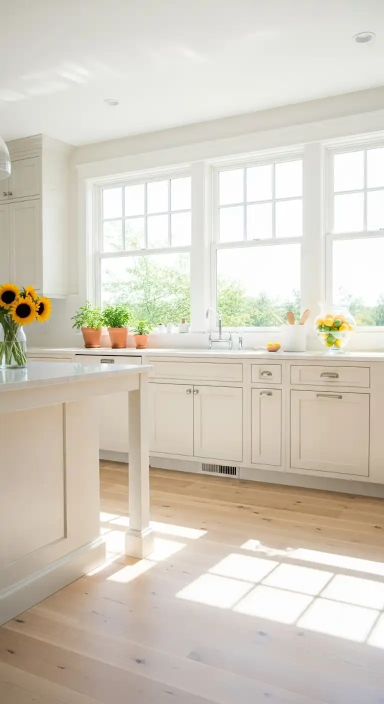 A sunlit kitchen with pale maple hardwood floors