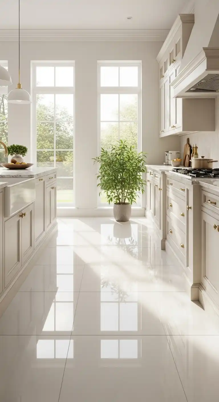A sunlit modern kitchen featuring soft white glossy porcelain tile flooring
