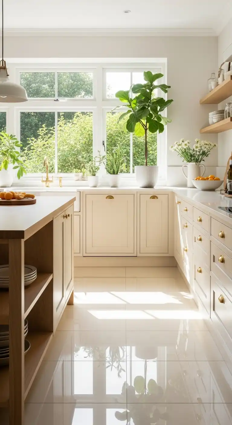 A sunlit modern kitchen with glossy cream ceramic floor tiles reflecting natural light