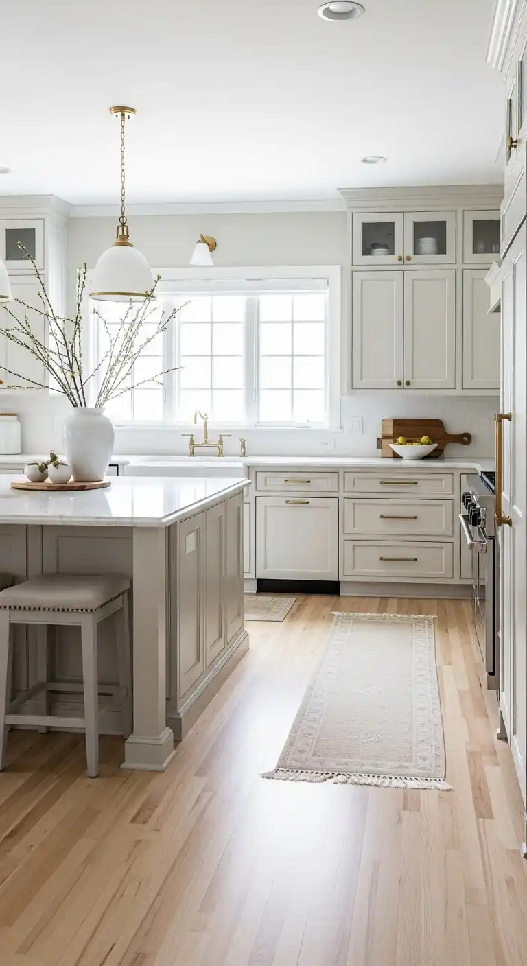 A transitional-style kitchen featuring pale maple hardwood flooring