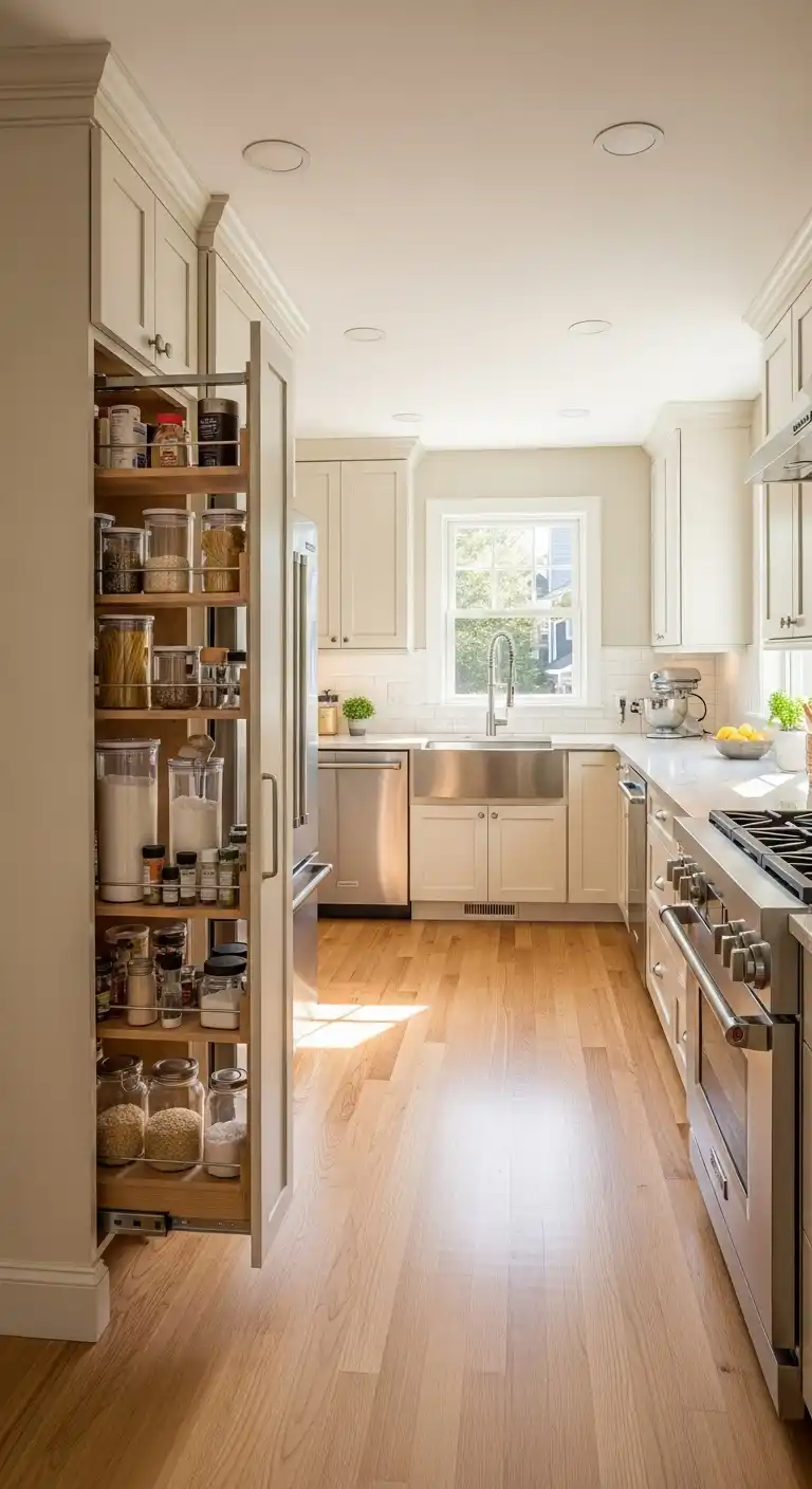 A transitional-style kitchen with light birch hardwood floor