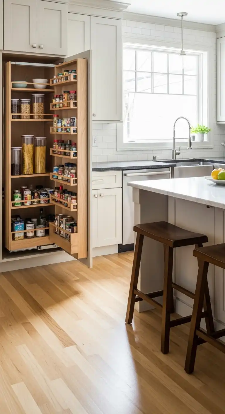 A transitional-style kitchen with light birch hardwood flooring