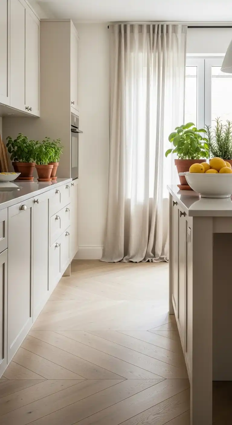 An airy kitchen with white oak chevron flooring, minimal cream cabinetry