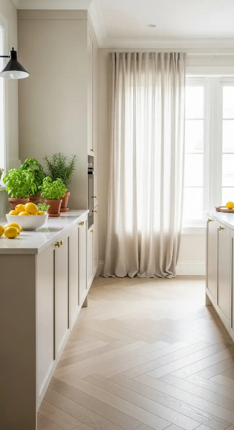 An airy kitchen with white oak chevron flooring