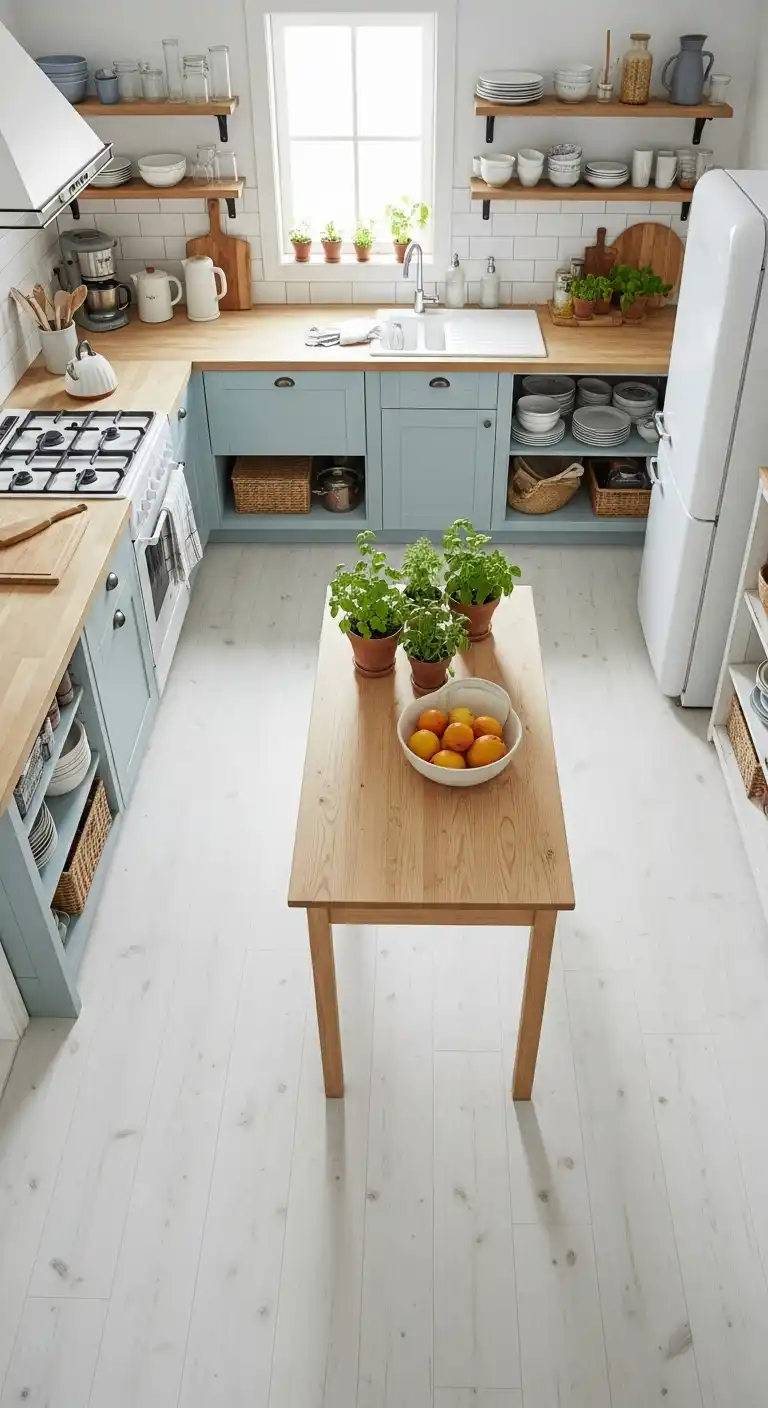 An overhead view of a cozy summer-inspired kitchen with matte white vinyl flooring