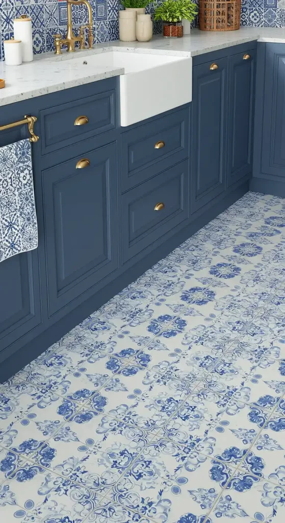 10 Timeless Kitchen Ceramic Tile Flooring Ideas for a Classic Look 16 Blue and White Porcelain-Look Tiles (14)