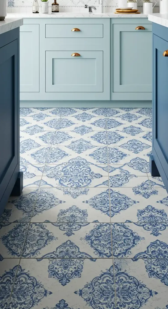10 Timeless Kitchen Ceramic Tile Flooring Ideas for a Classic Look 17 Blue and White Porcelain-Look Tiles