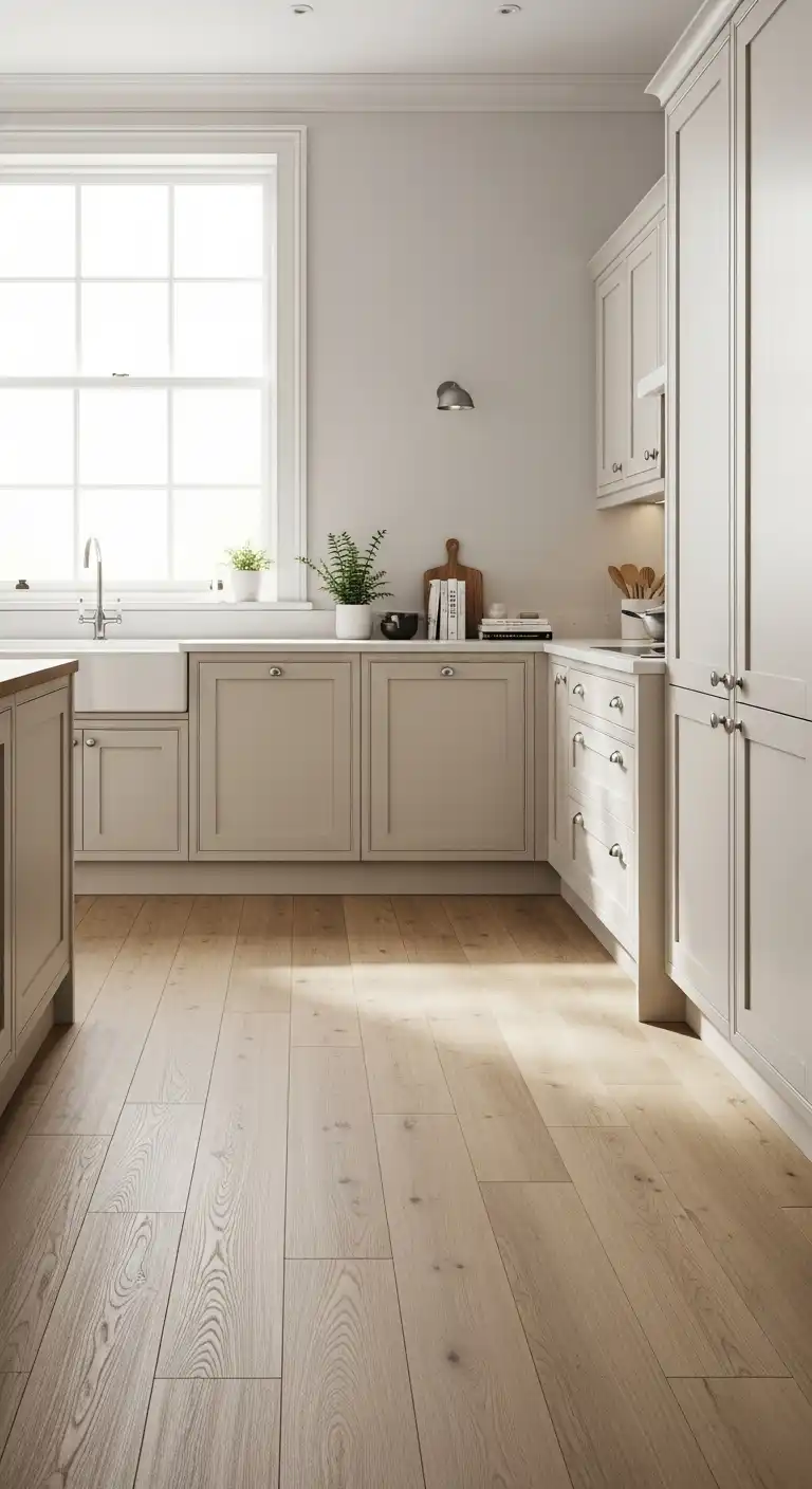 Bright and airy kitchen with ash wood flooring, cream cabinets