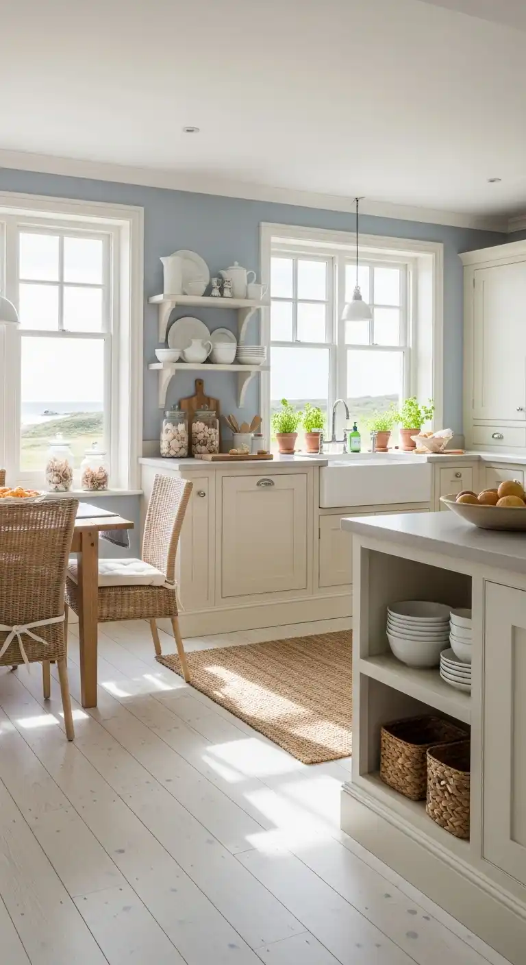 Bright kitchen with whitewashed pine plank flooring