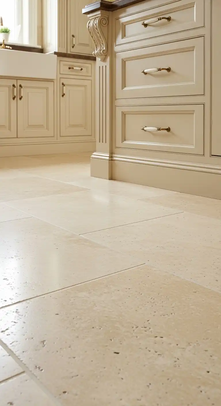 Close-up of creamy travertine kitchen tile flooring with a lightly textured surface