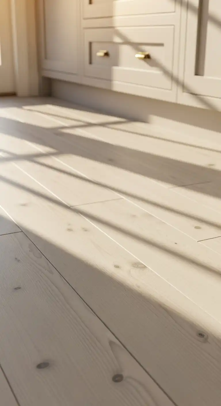 Close-up of whitewashed pine wood flooring with subtle grain patterns