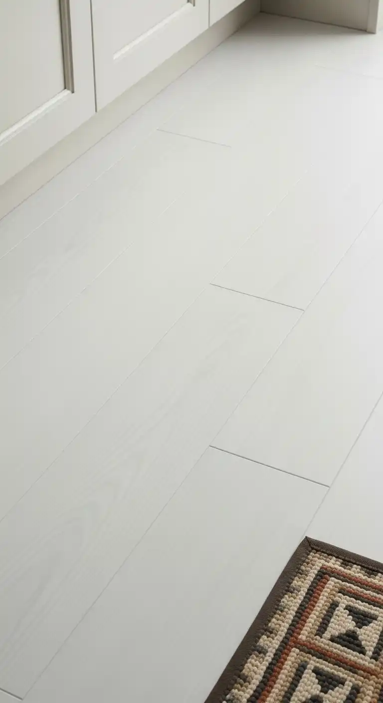 Close-up shot of matte white vinyl planks installed in a kitchen