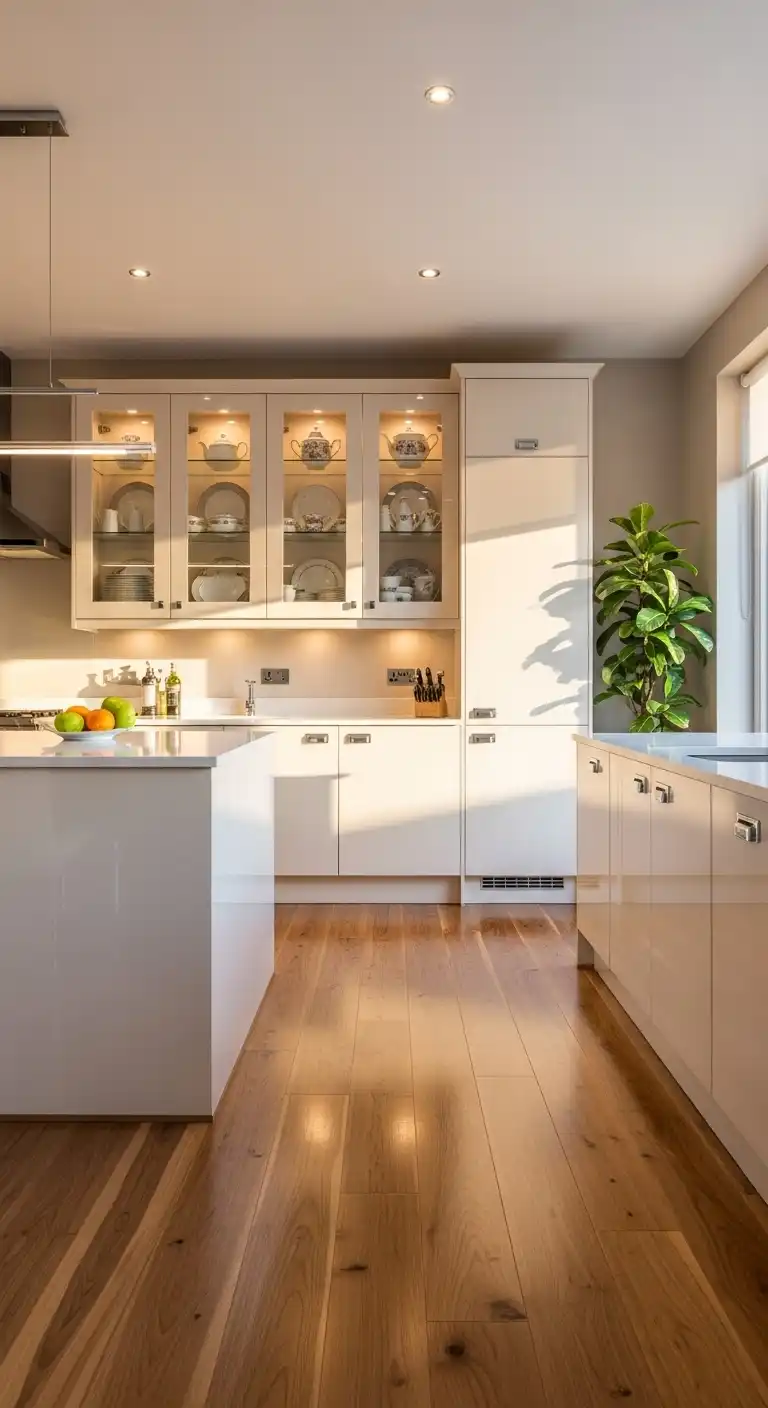 Contemporary kitchen design with light walnut hardwood flooring
