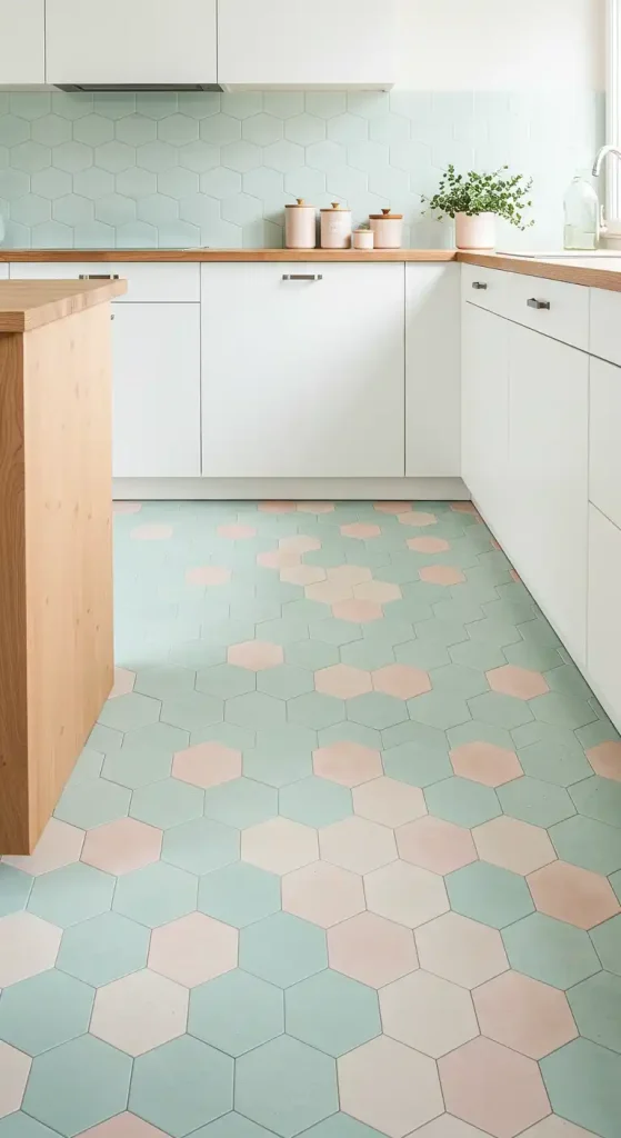 10 Timeless Kitchen Ceramic Tile Flooring Ideas for a Classic Look 5 Hexagon Tiles in Soft Pastels 2