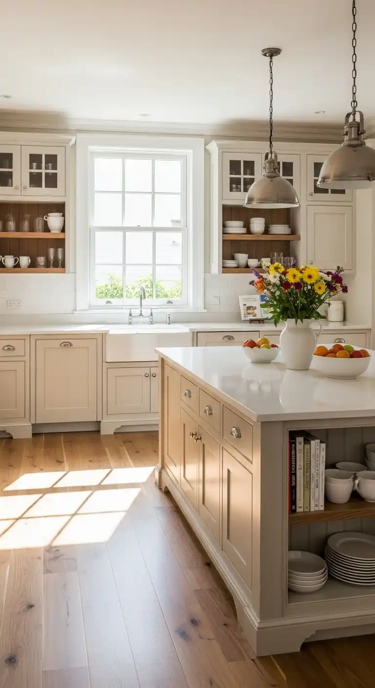 Modern farmhouse kitchen with light walnut hardwood floors