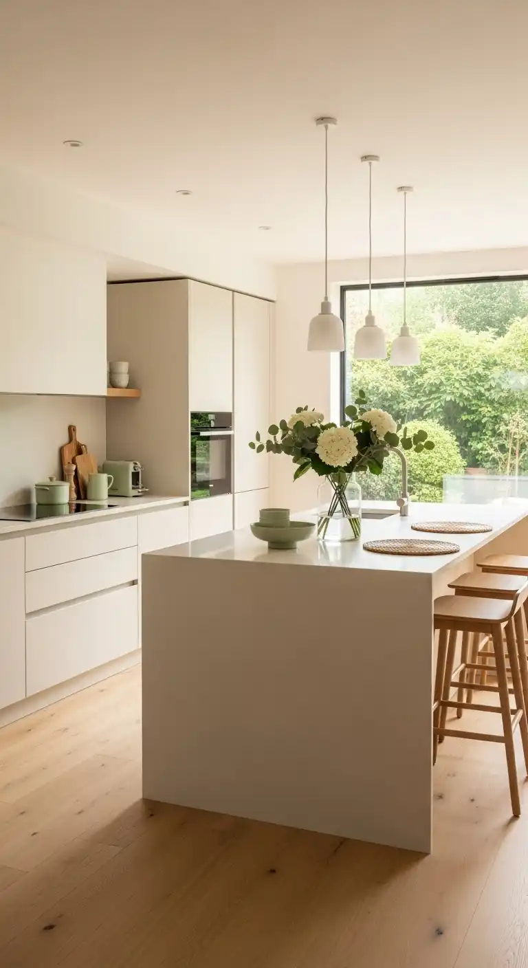 Modern kitchen interior showcasing pale ash wood flooring